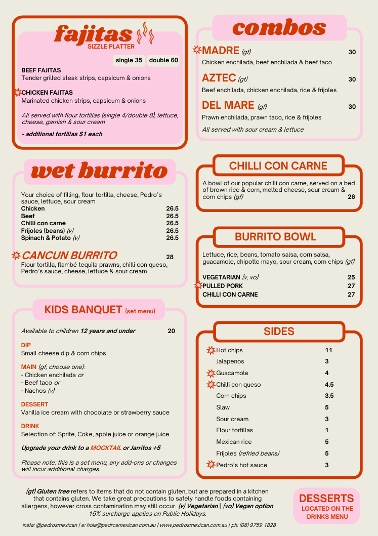 Menu, Pedro's Mexican