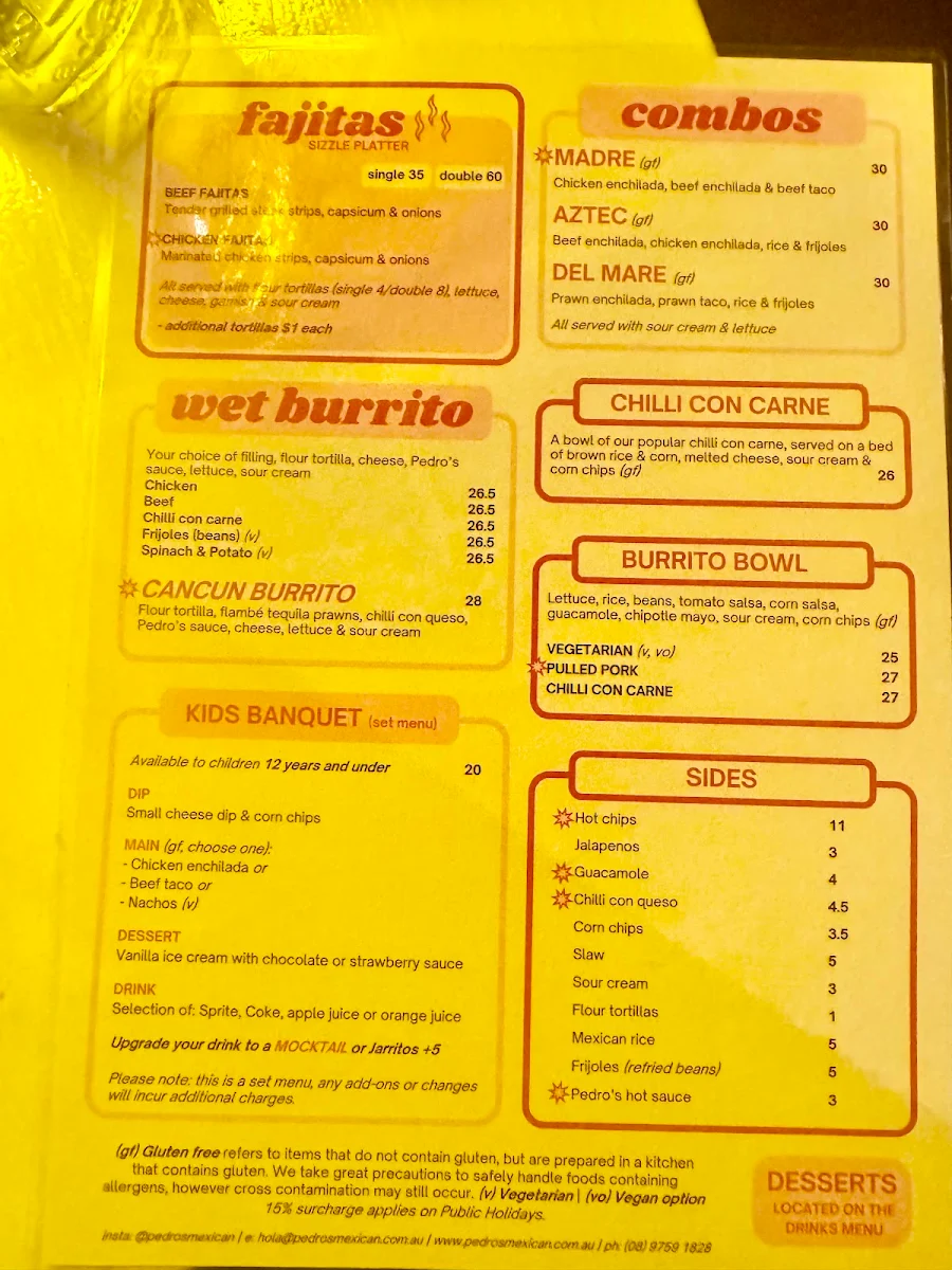 Menu, Pedro's Mexican