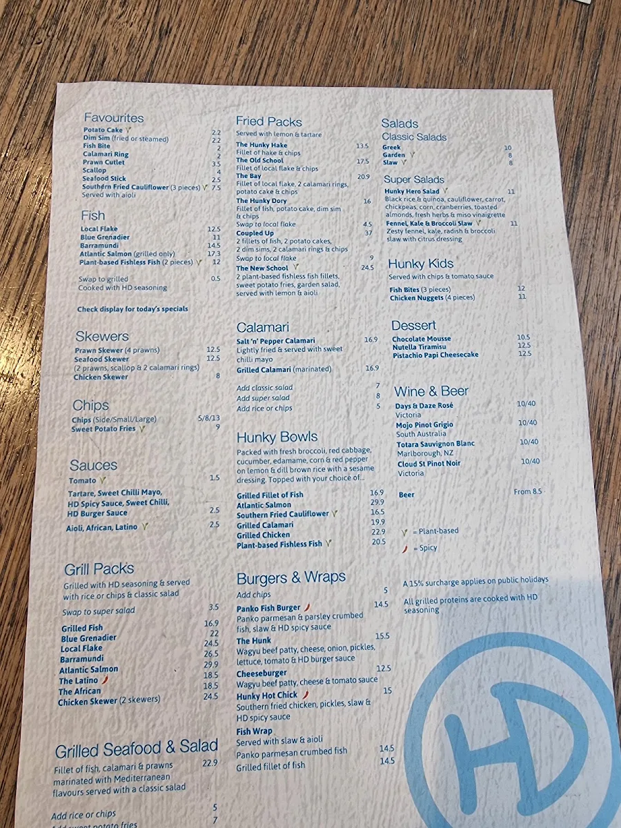 Menu, Hunky Dory Fish & Chips Balaclava