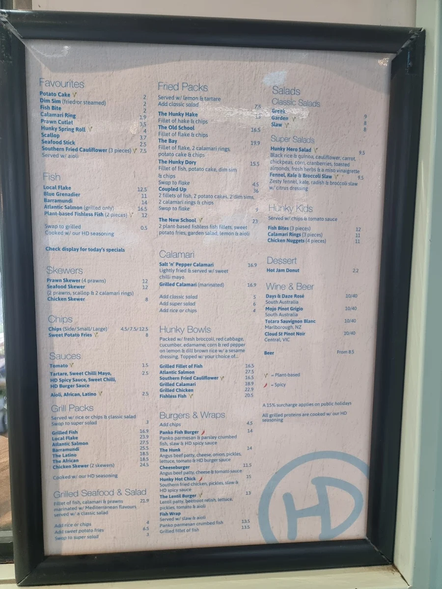 Menu, Hunky Dory Fish & Chips Balaclava