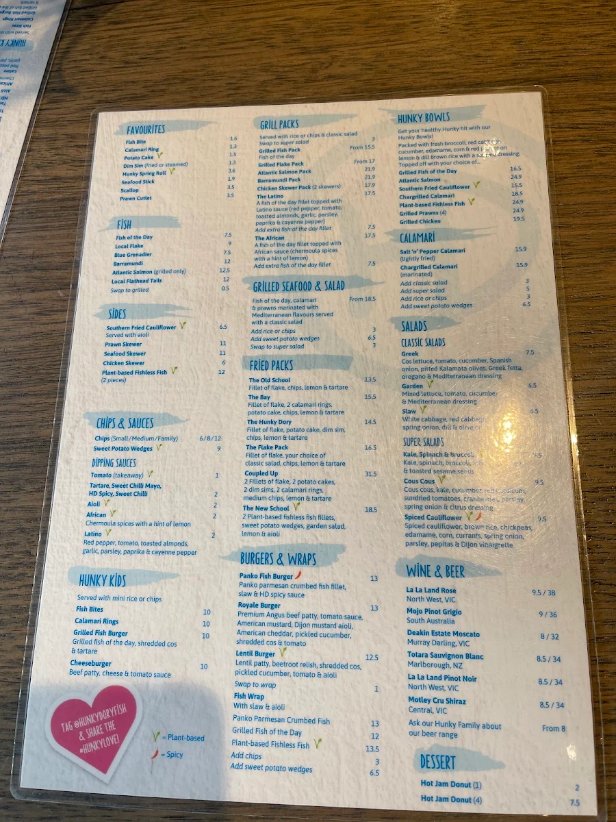 Menu, Hunky Dory Fish & Chips Balaclava
