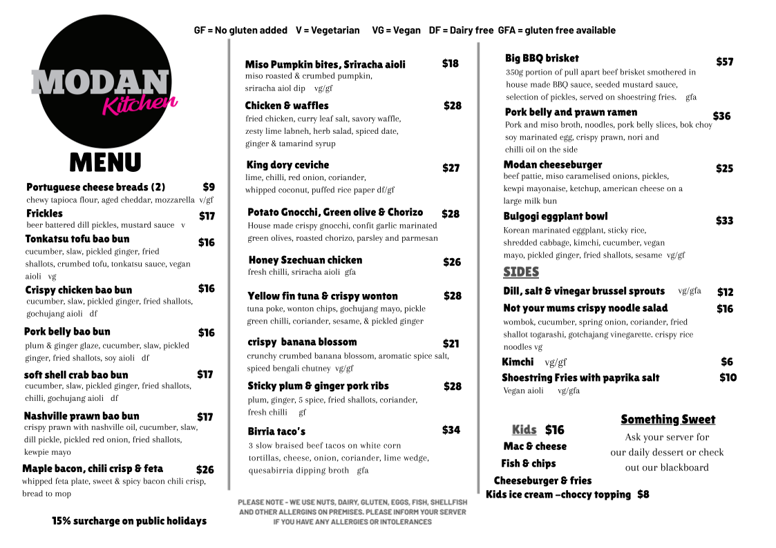 Menu, Modan Kitchen