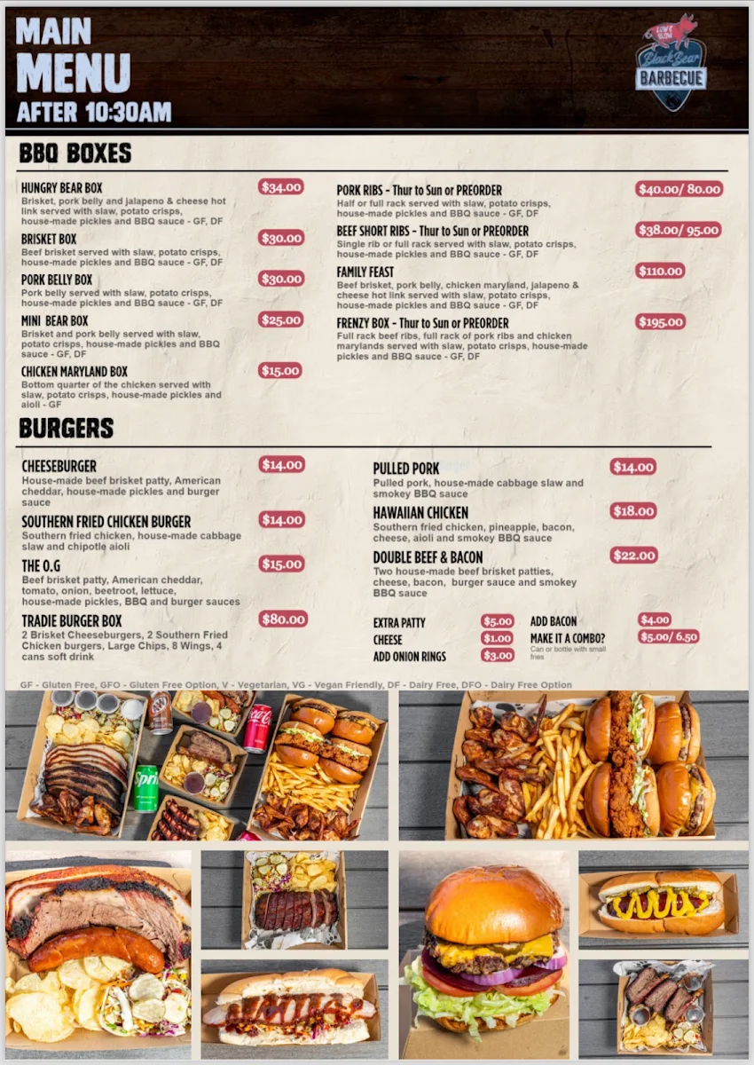 Menu, BlackBear BBQ Wetherill Park