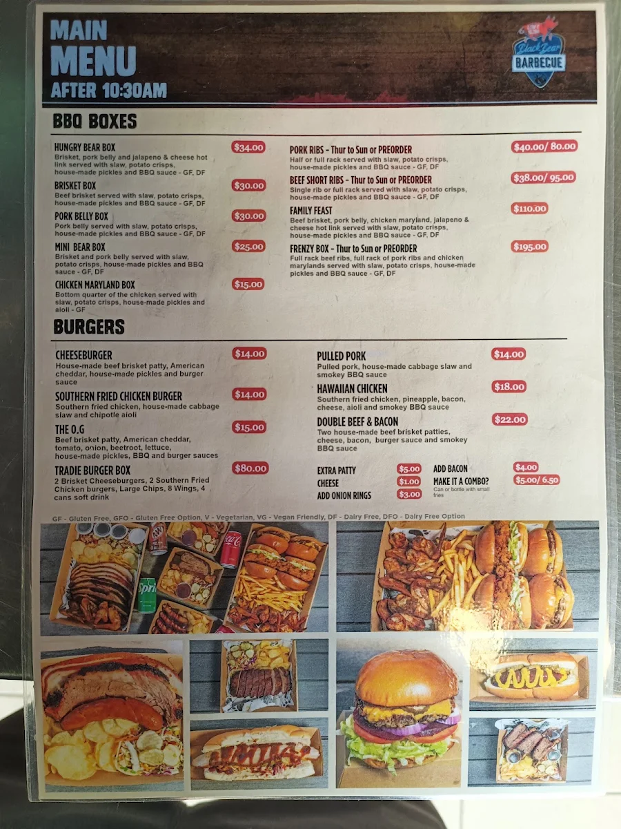 Menu, BlackBear BBQ Wetherill Park