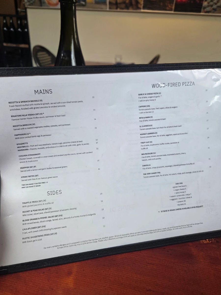 Menu, The Corner House, Bondi