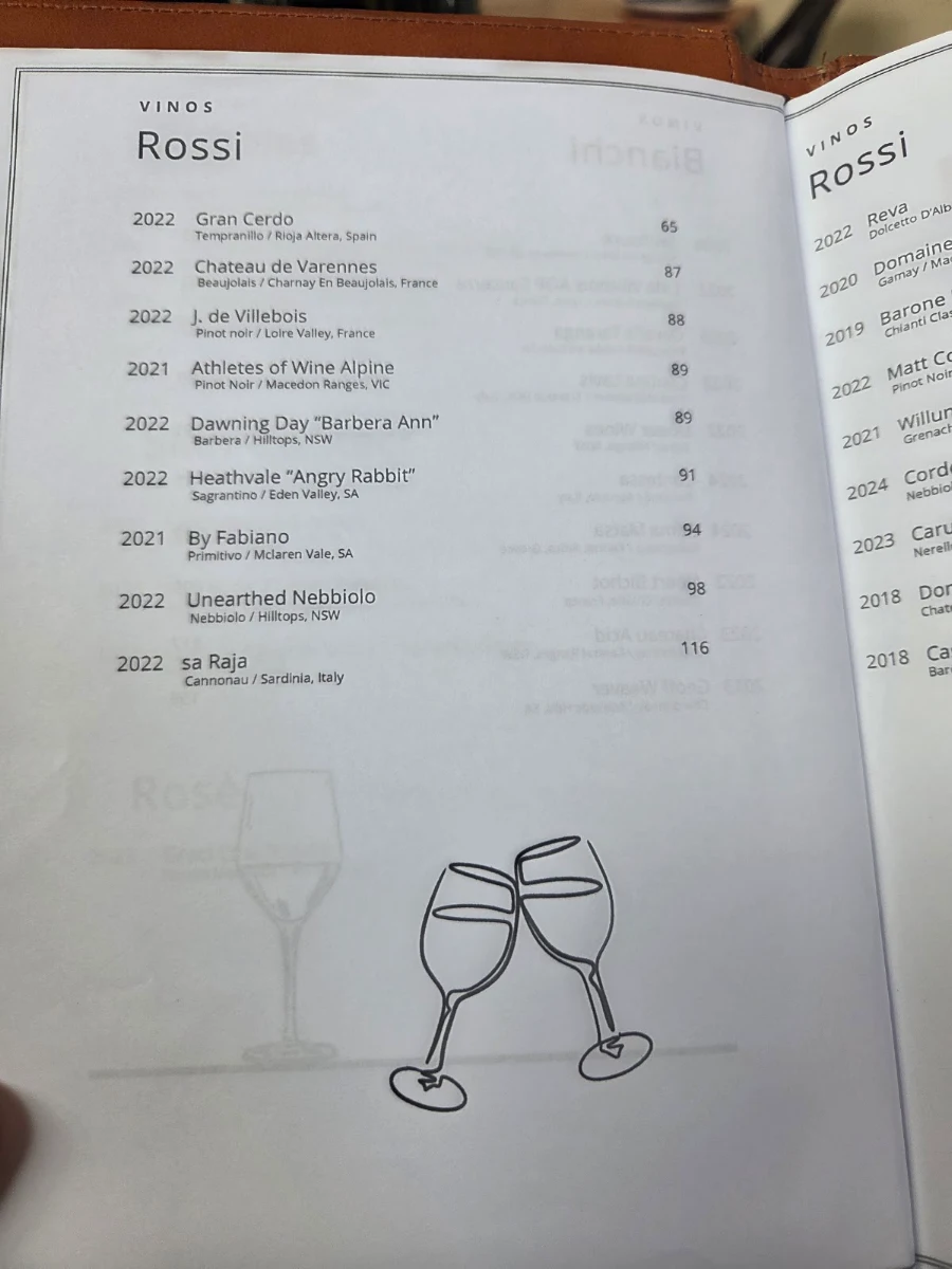 Menu, The Corner House, Bondi