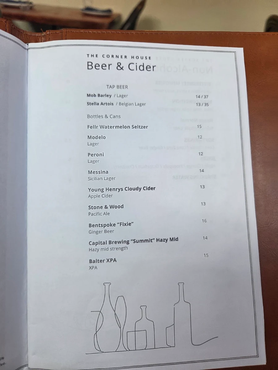 Menu, The Corner House, Bondi
