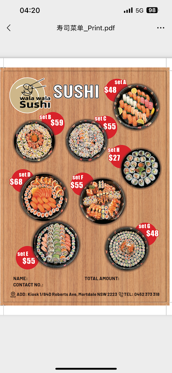 Menu, wala wala Sushi