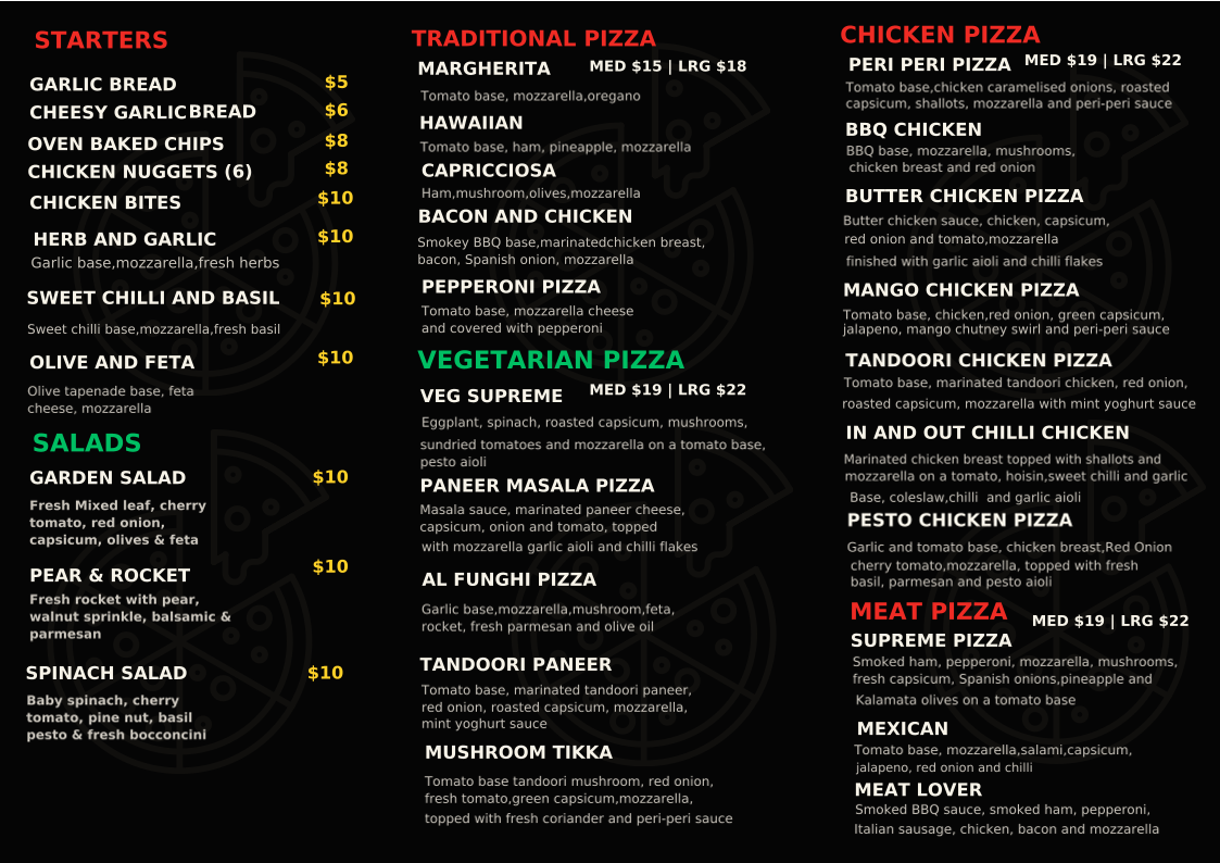 Menu, Pizza In & Out