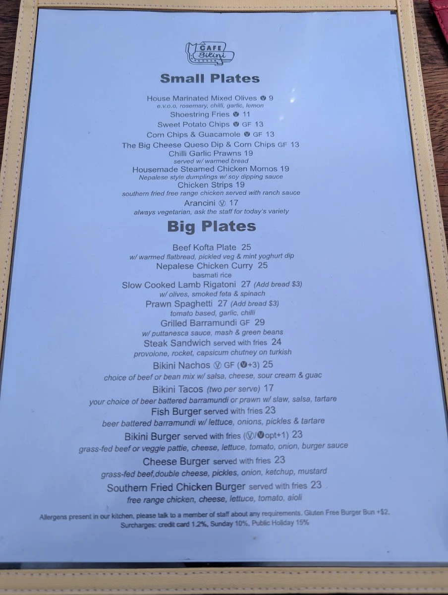 Menu, Cafe Bikini.