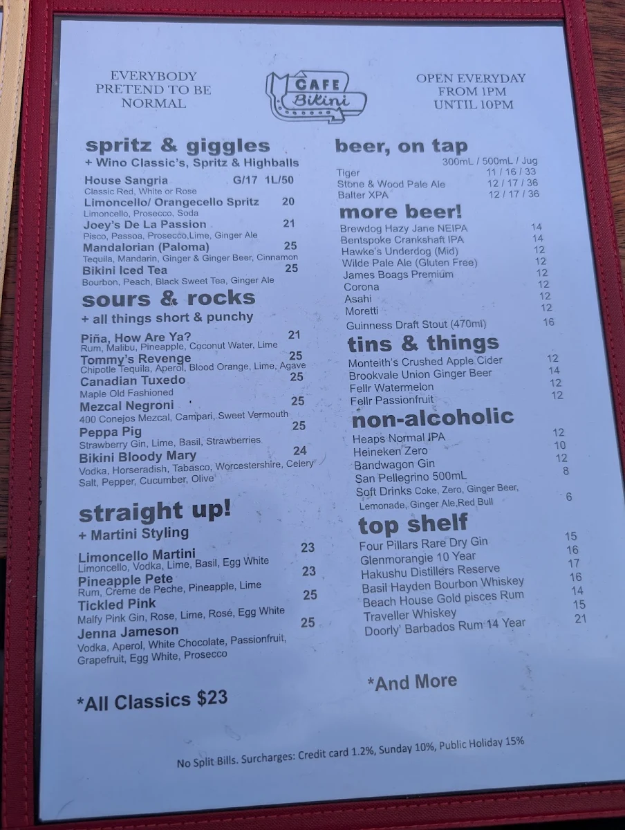 Menu, Cafe Bikini.