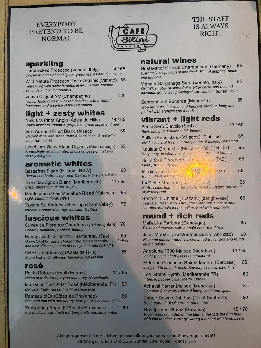 Menu, Cafe Bikini.