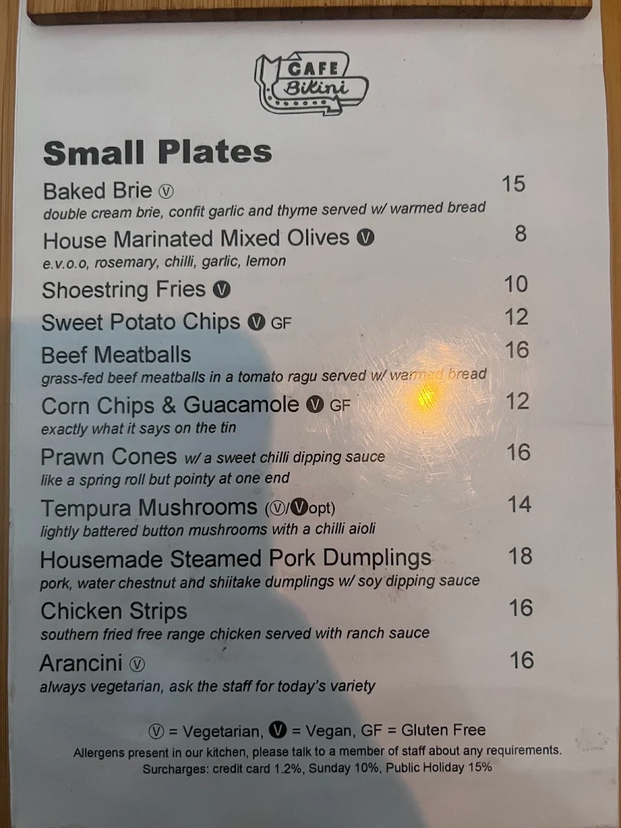 Menu, Cafe Bikini.