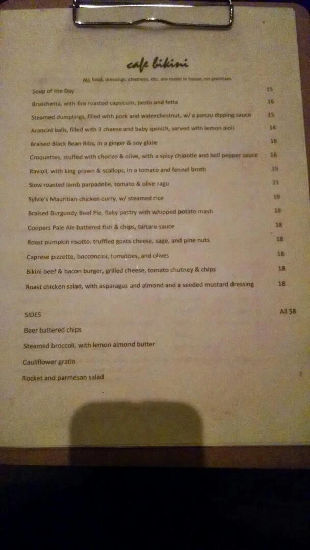 Menu, Cafe Bikini.