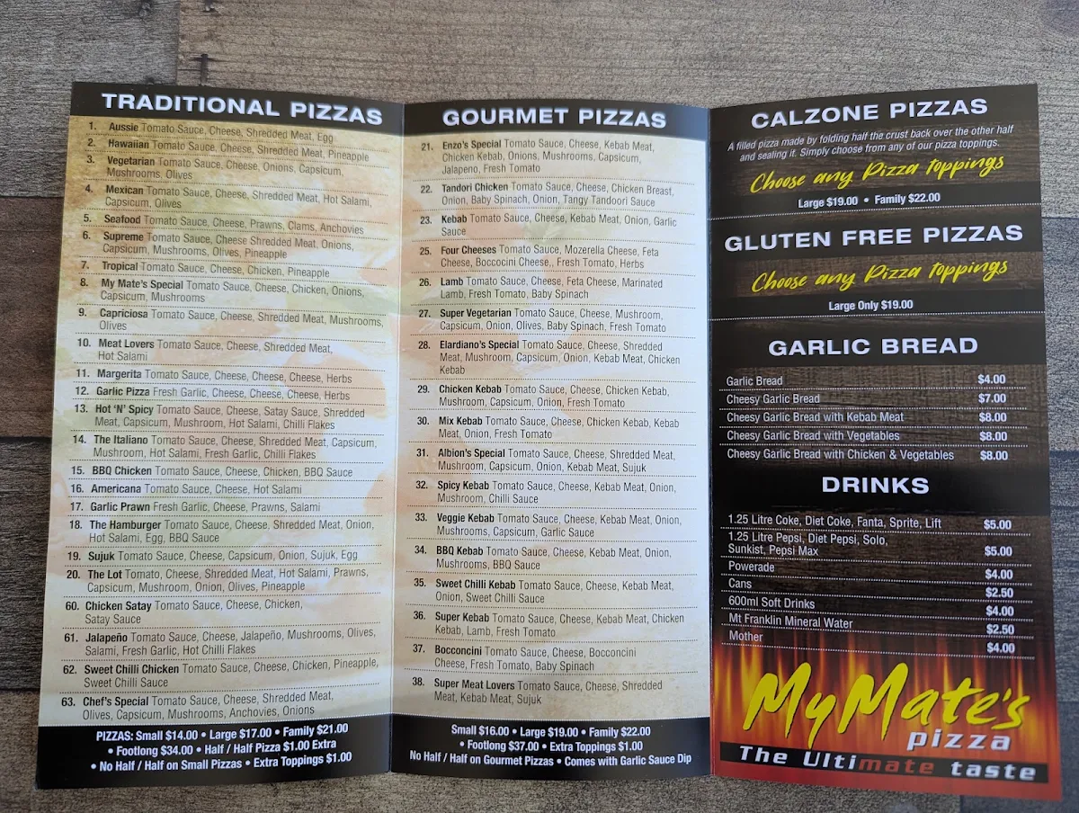 Menu, My Mate's Pizza Shepparton