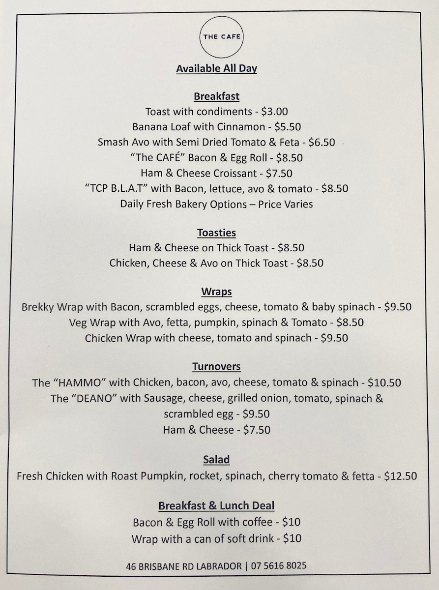 Menu, The Cafe - Gold Coast - Coffee - Container - Breakfast - Lunch - Barista
