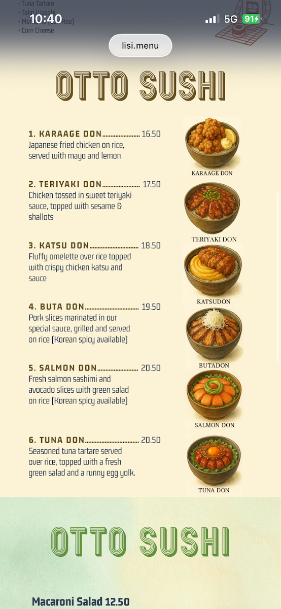 Menu, Otto sushi