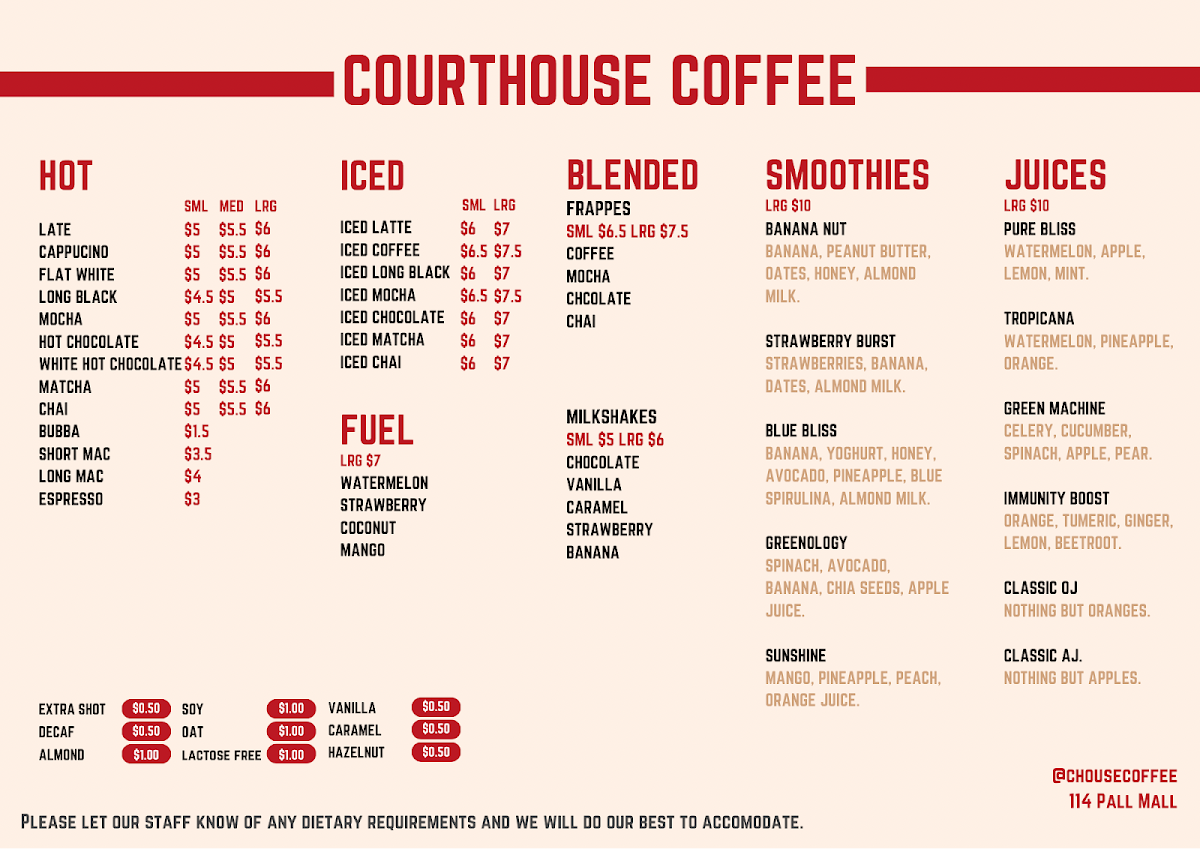 Menu, Courthouse Paninibar