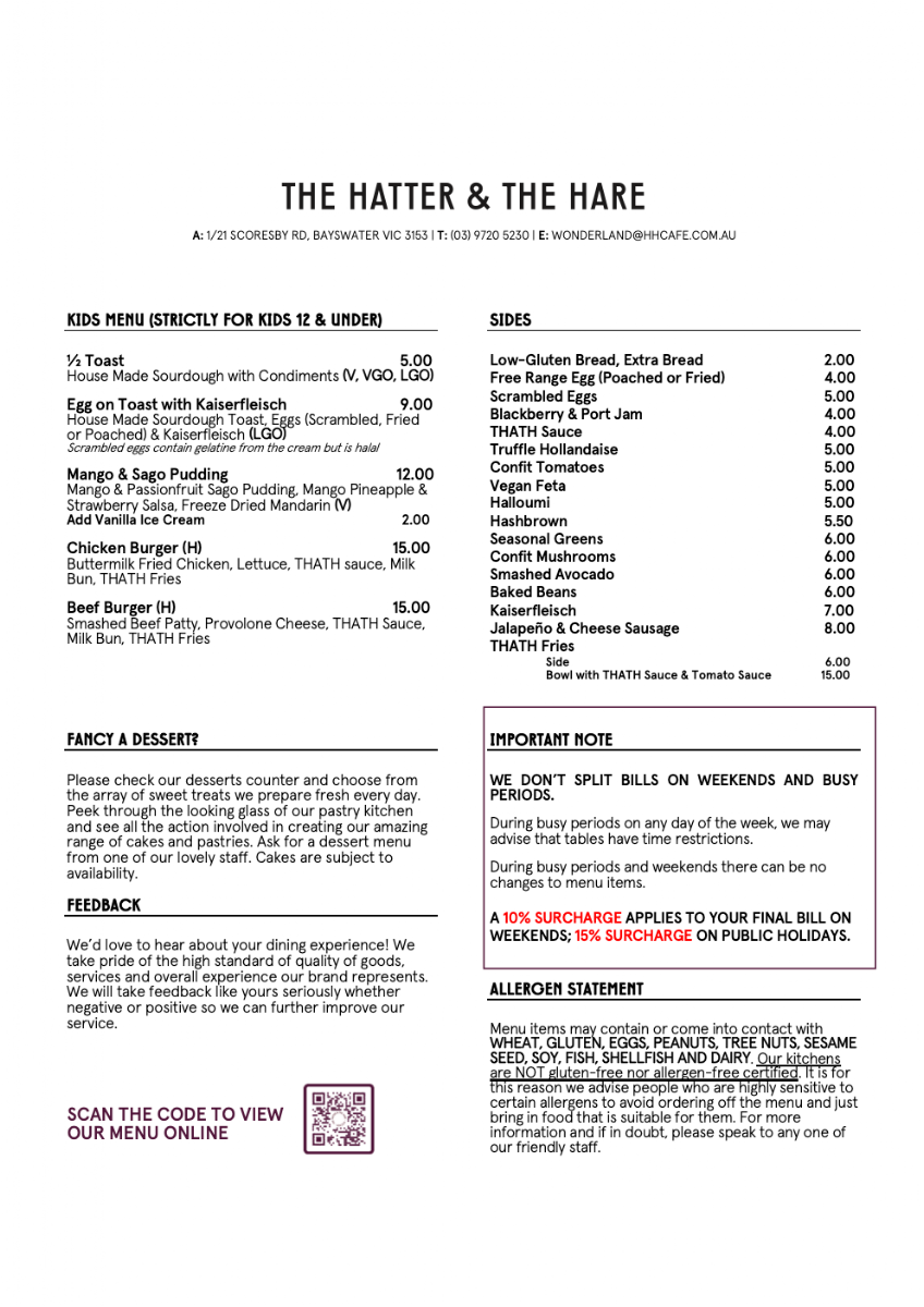 Menu, The Hatter and the Hare