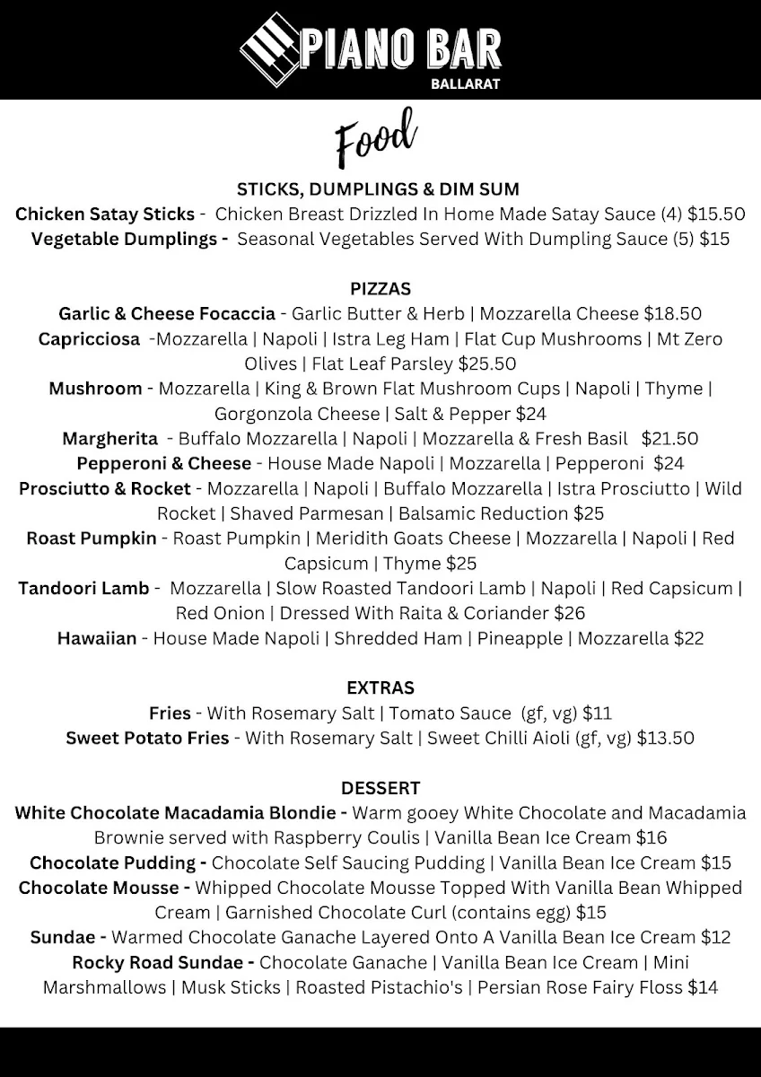 Menu, Piano Bar Ballarat