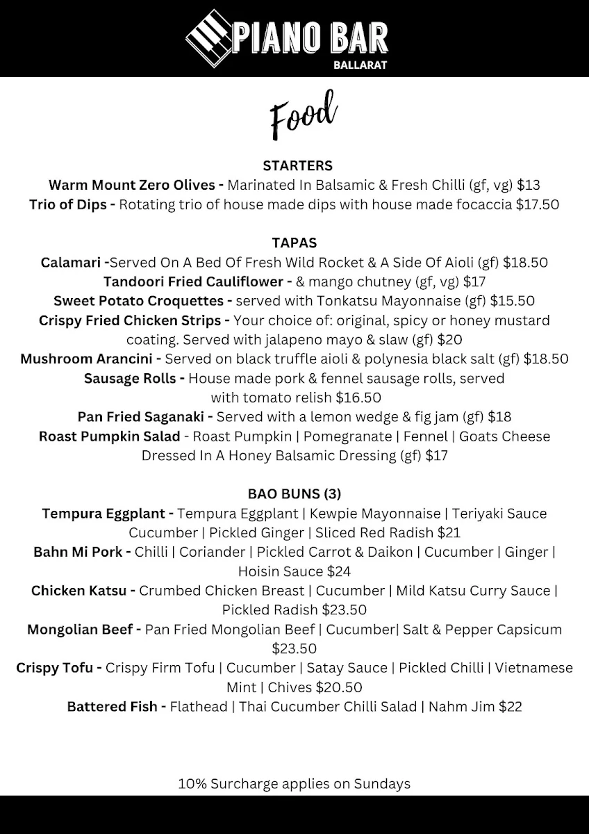 Menu, Piano Bar Ballarat