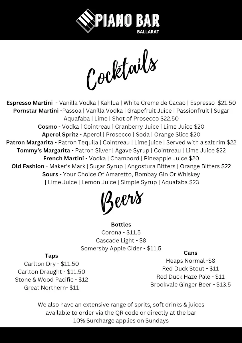 Menu, Piano Bar Ballarat