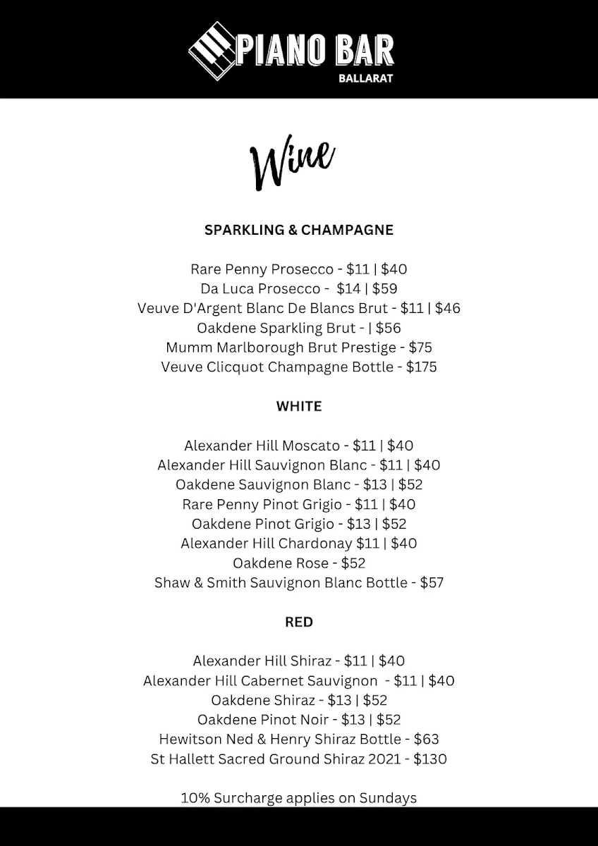 Menu, Piano Bar Ballarat