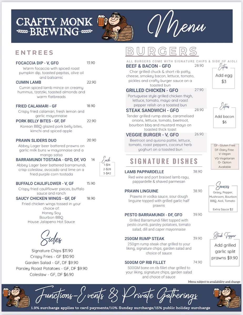 Menu, Crafty Monk Brewing Pty Ltd