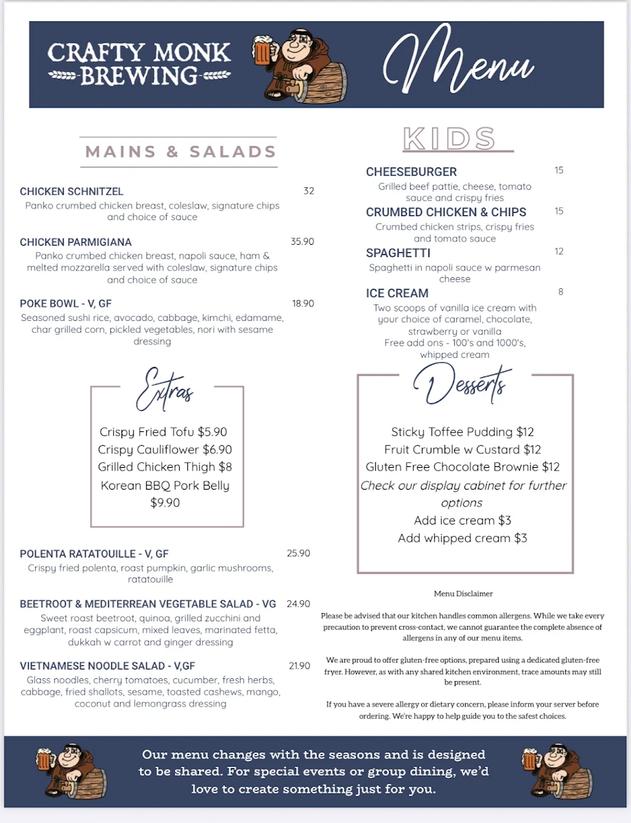 Menu, Crafty Monk Brewing Pty Ltd