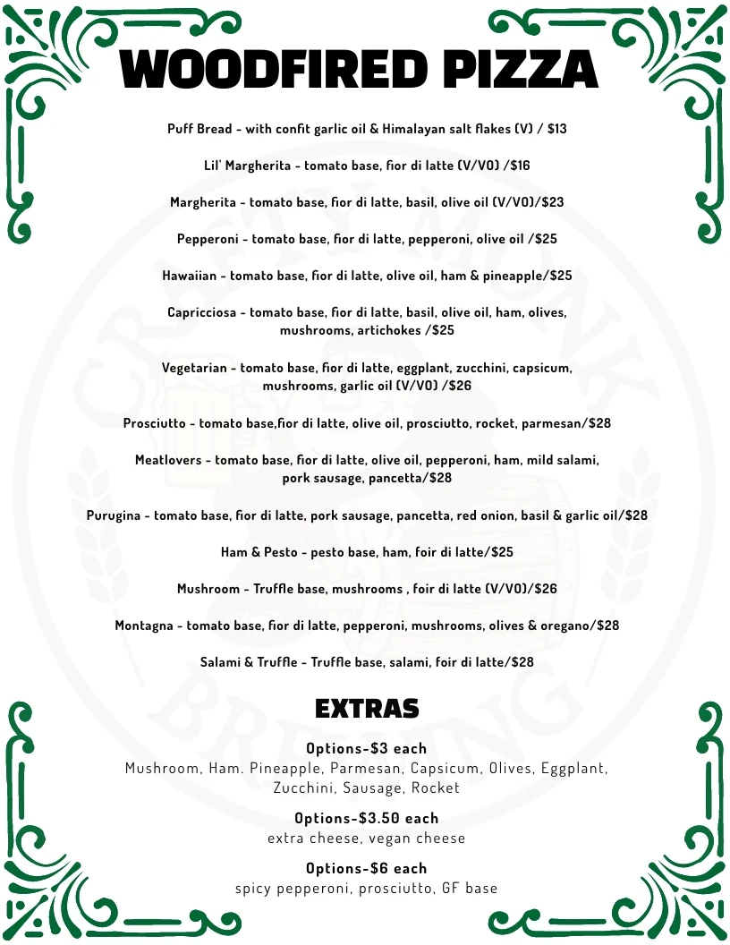 Menu, Crafty Monk Brewing Pty Ltd