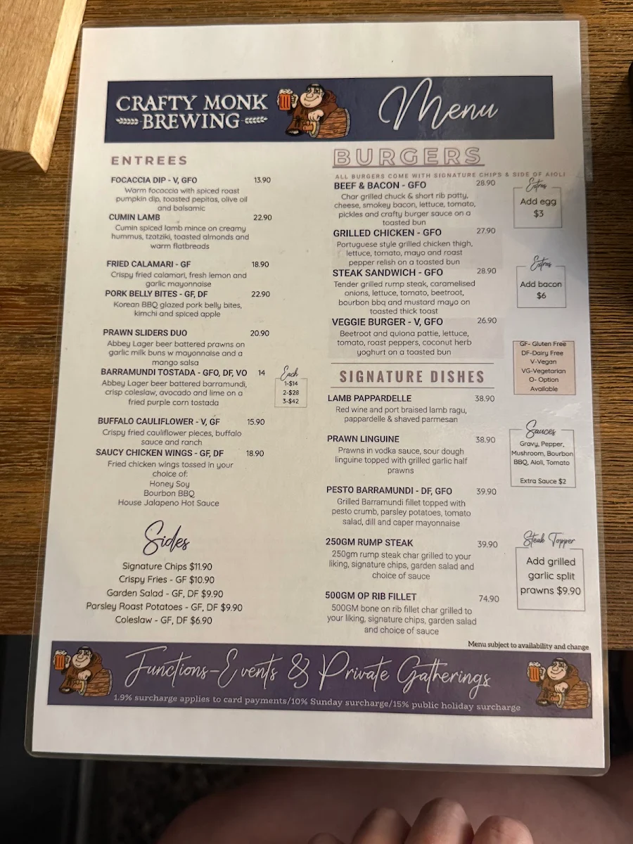 Menu, Crafty Monk Brewing Pty Ltd