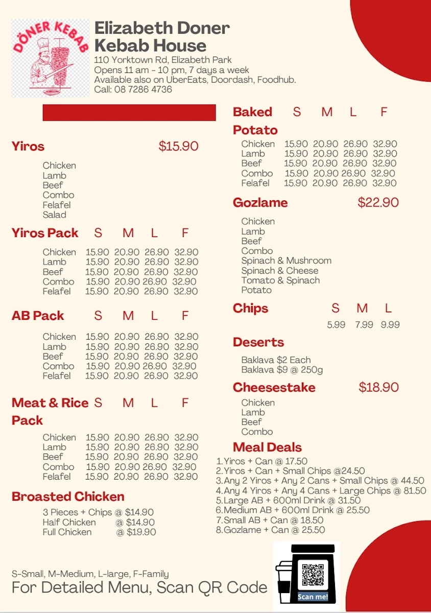 Menu, Elizabeth Doner Kebab House