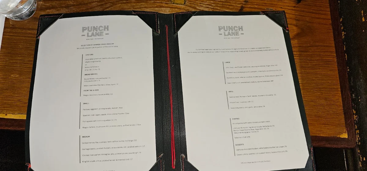 Menu, Punch Lane Wine Bar & Restaurant