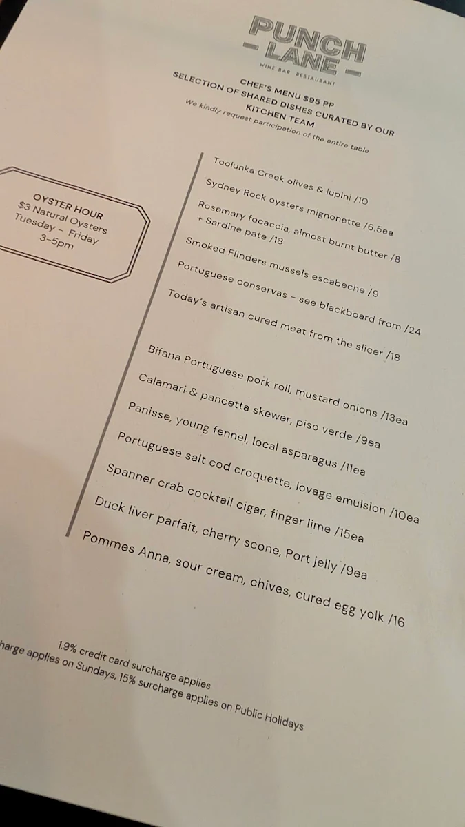 Menu, Punch Lane Wine Bar & Restaurant