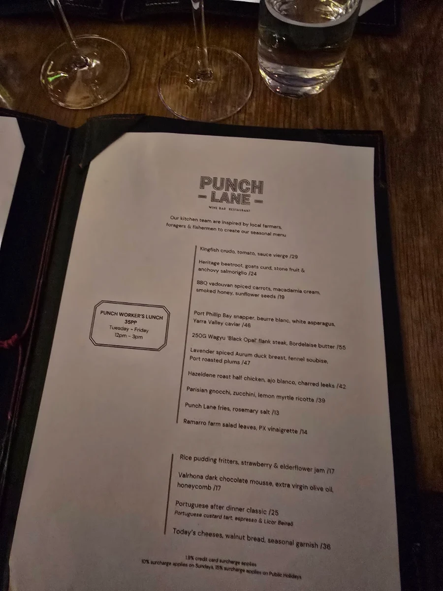 Menu, Punch Lane Wine Bar & Restaurant