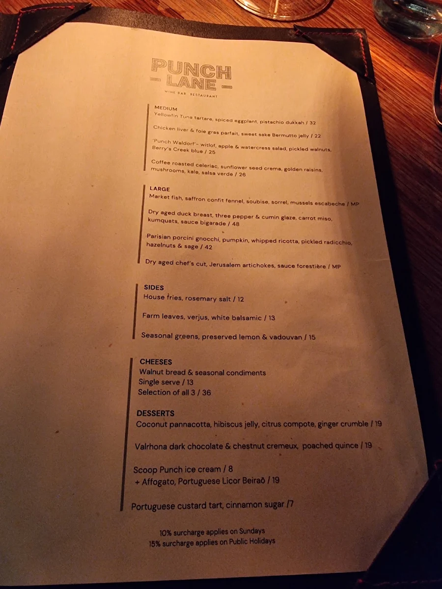 Menu, Punch Lane Wine Bar & Restaurant