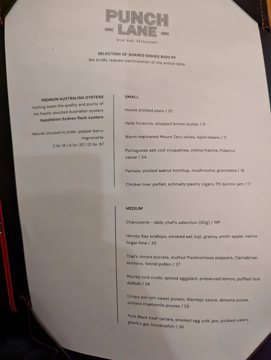 Menu, Punch Lane Wine Bar & Restaurant