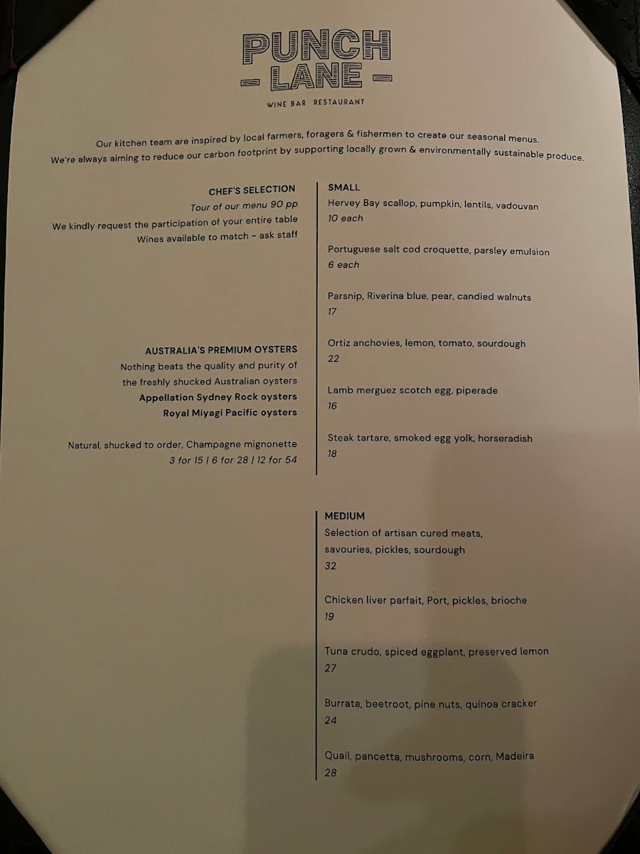 Menu, Punch Lane Wine Bar & Restaurant