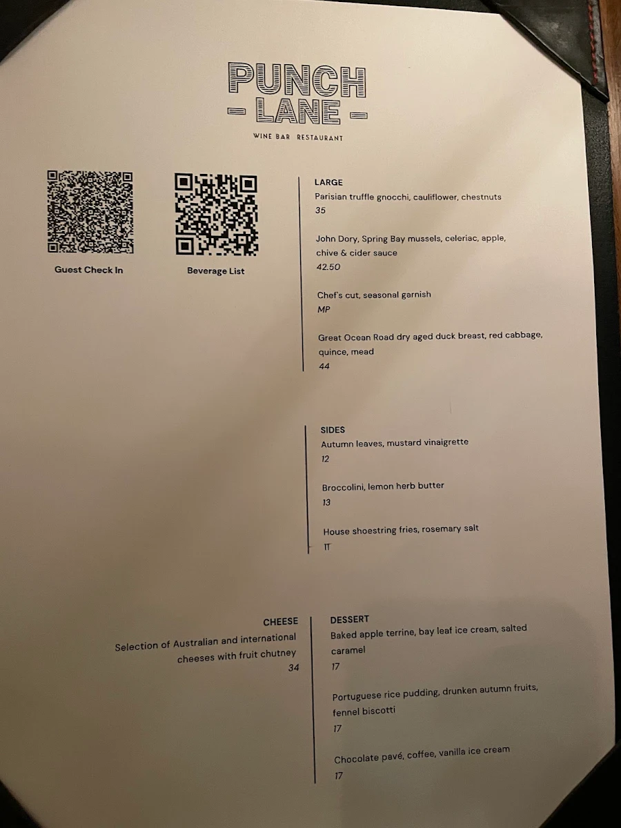 Menu, Punch Lane Wine Bar & Restaurant