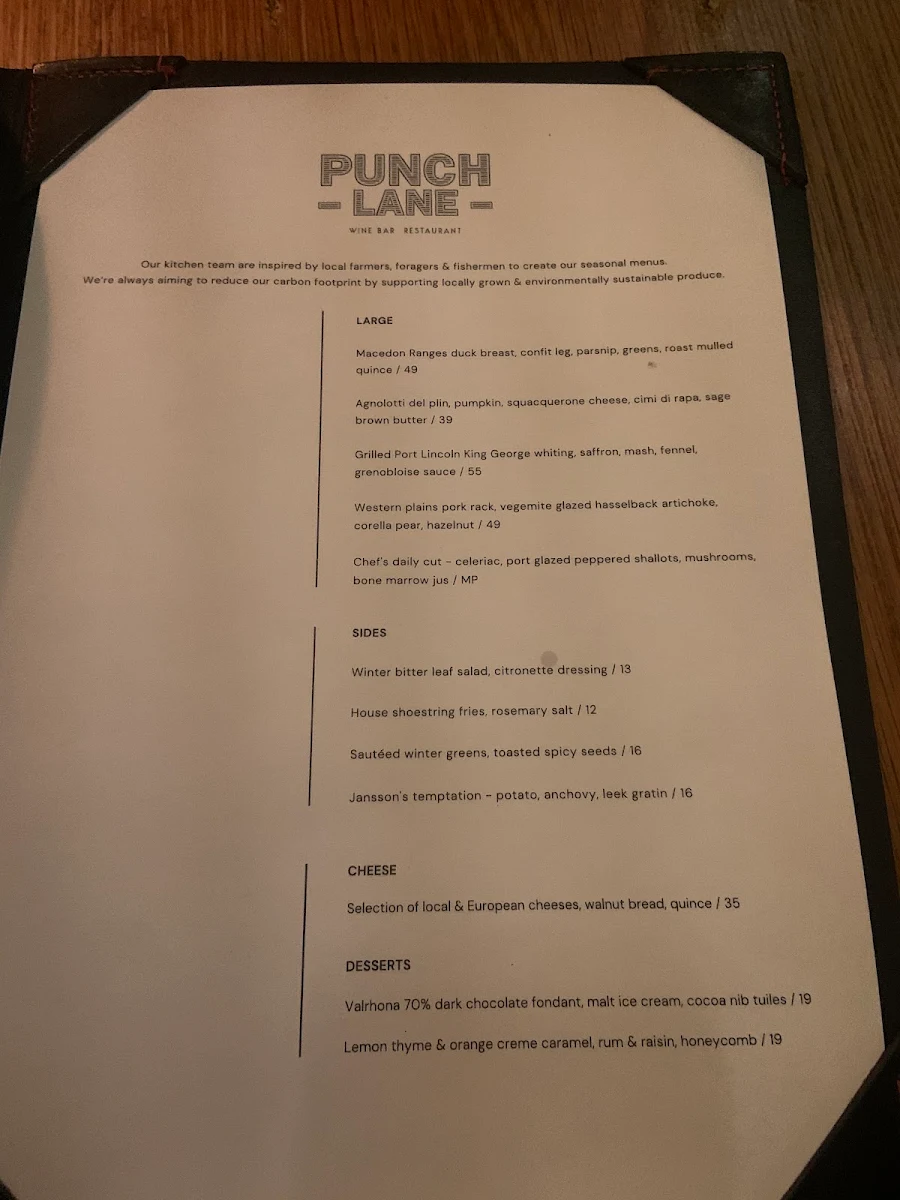 Menu, Punch Lane Wine Bar & Restaurant