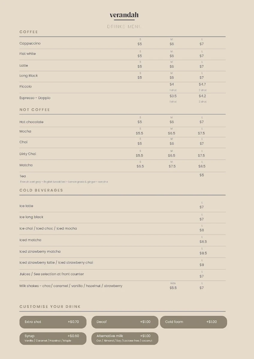 Menu, Verandah Cafe and Home