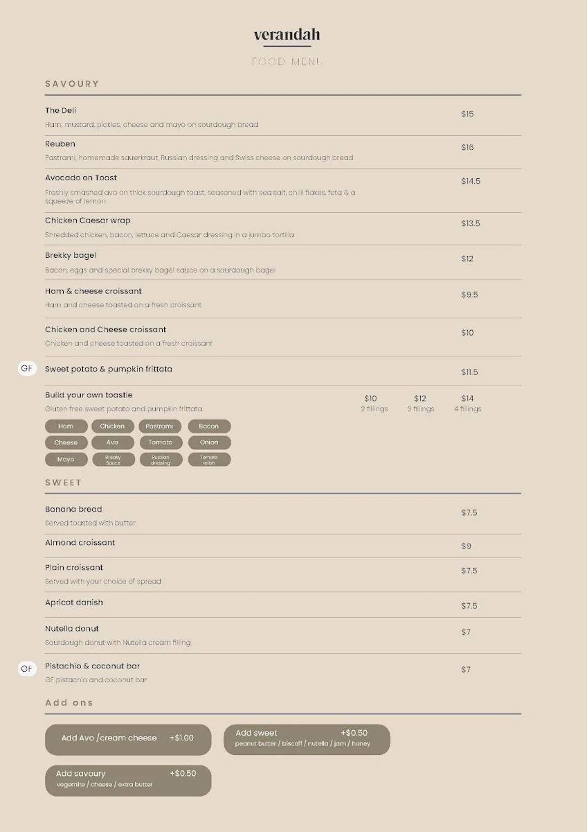 Menu, Verandah Cafe and Home