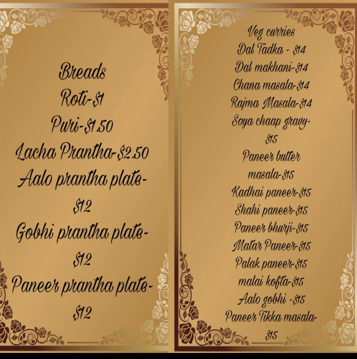 Menu, Veer Jee Eggless Bakery and Indian restaurant