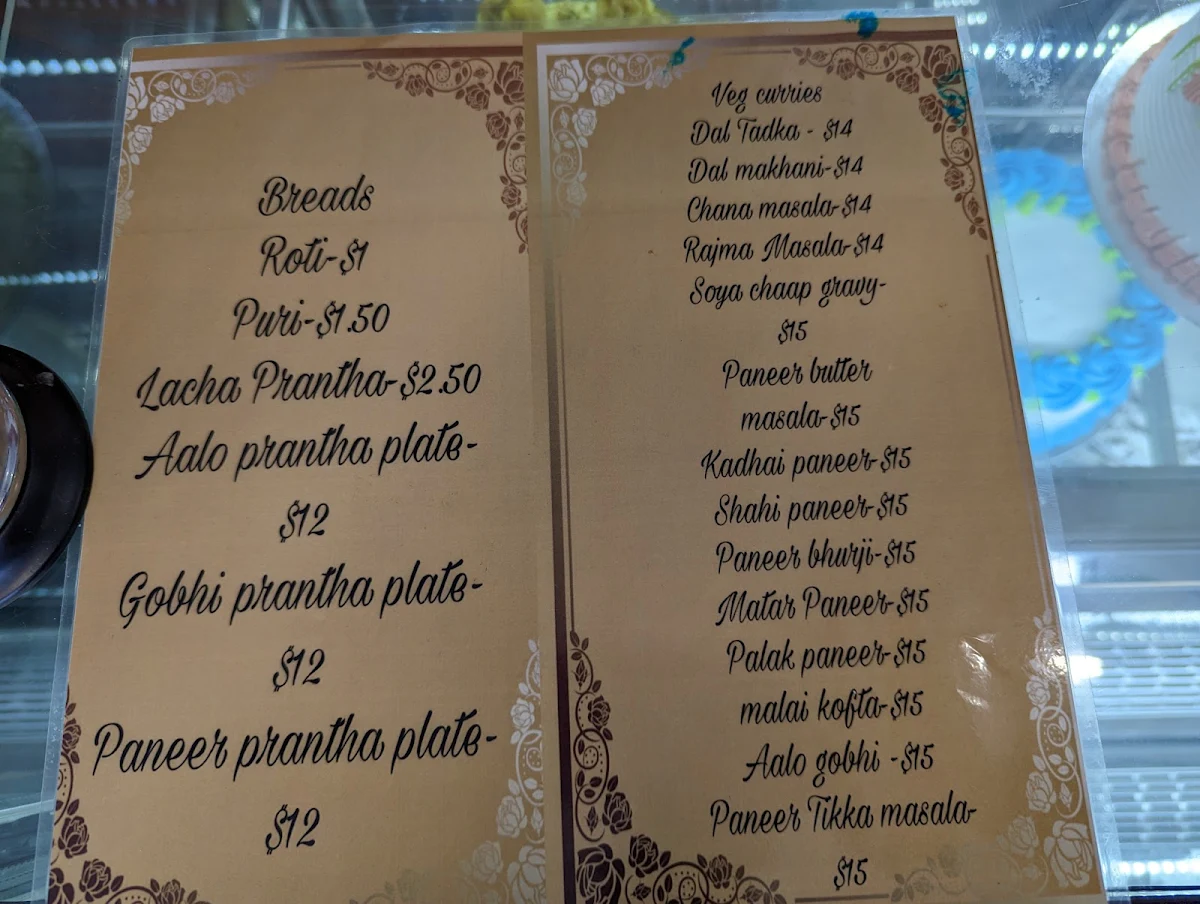 Menu, Veer Jee Eggless Bakery and Indian restaurant