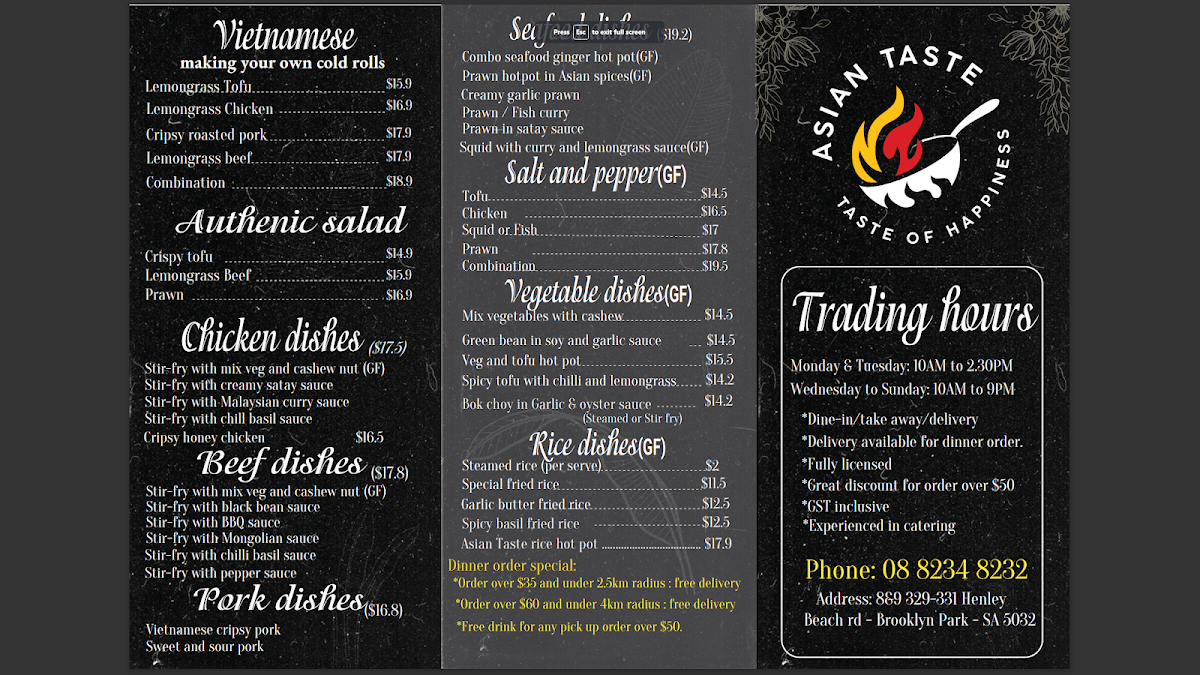 Menu, Asian Taste Vietnamese cuisine