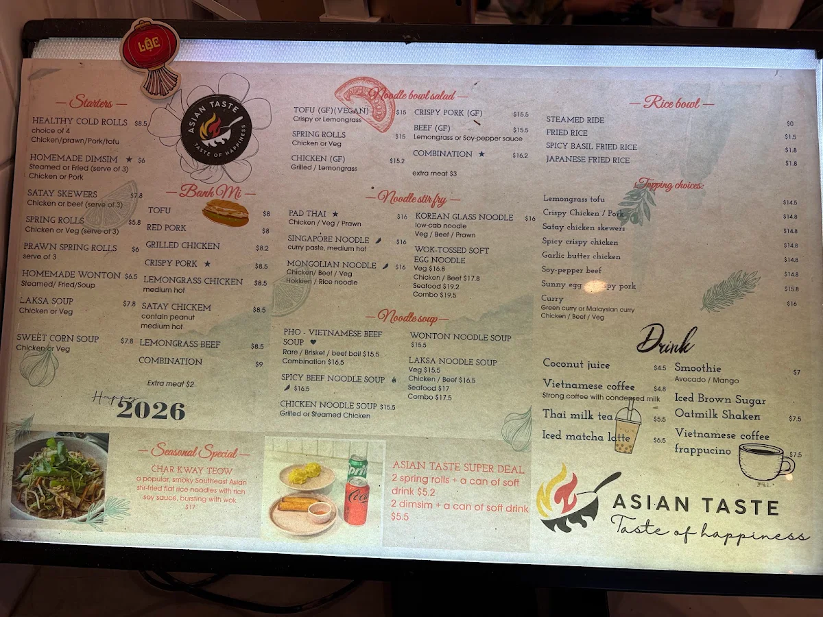Menu, Asian Taste Vietnamese cuisine