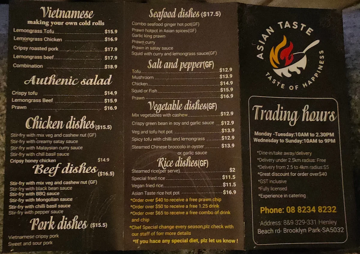 Menu, Asian Taste Vietnamese cuisine
