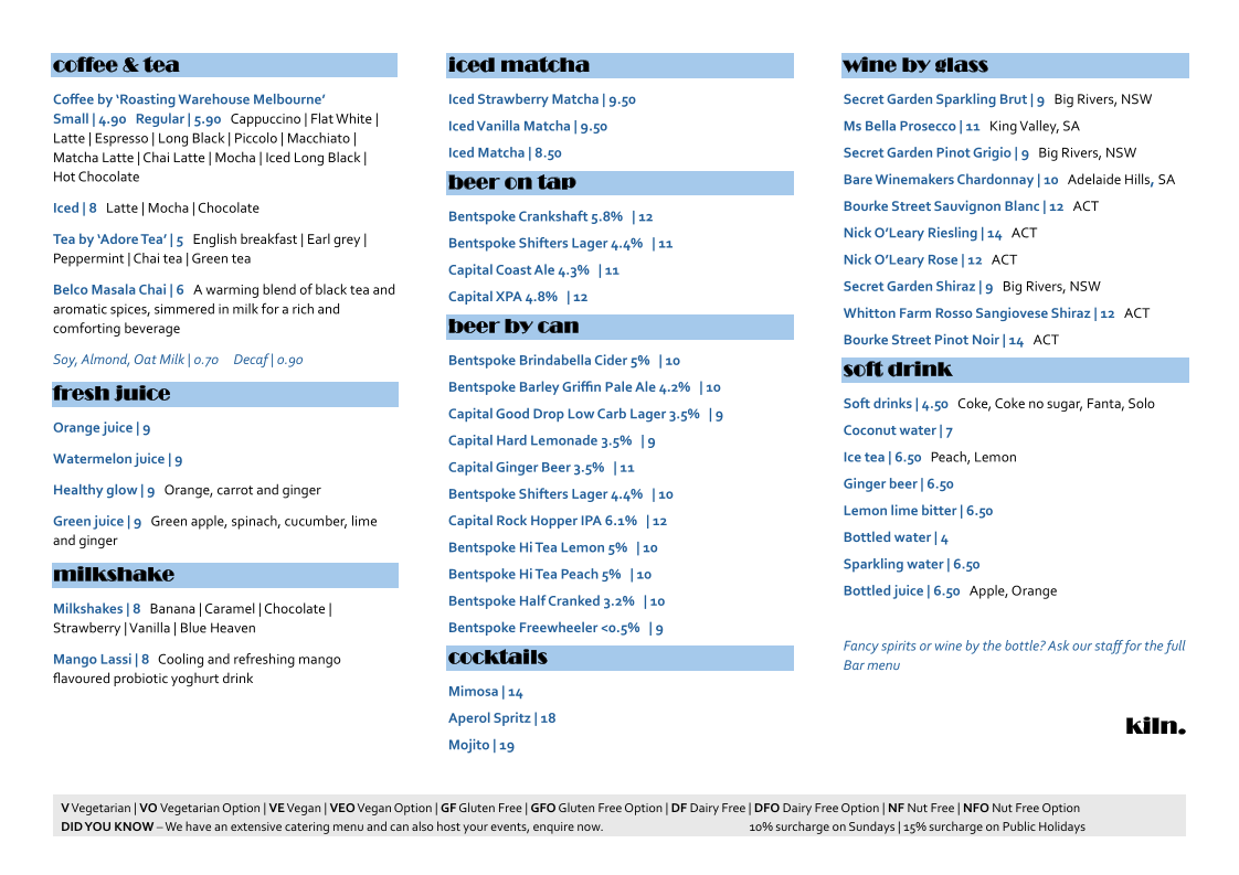 Menu, Kiln at Belco Arts