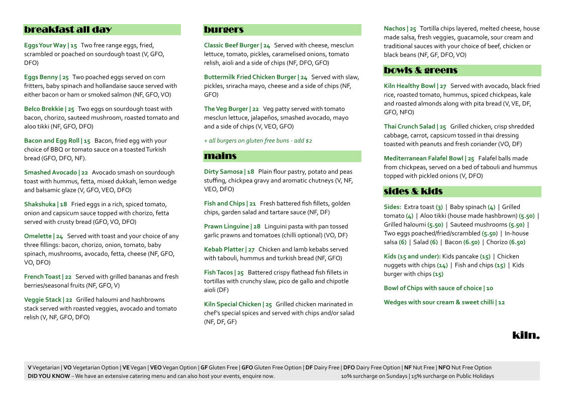 Menu, Kiln at Belco Arts