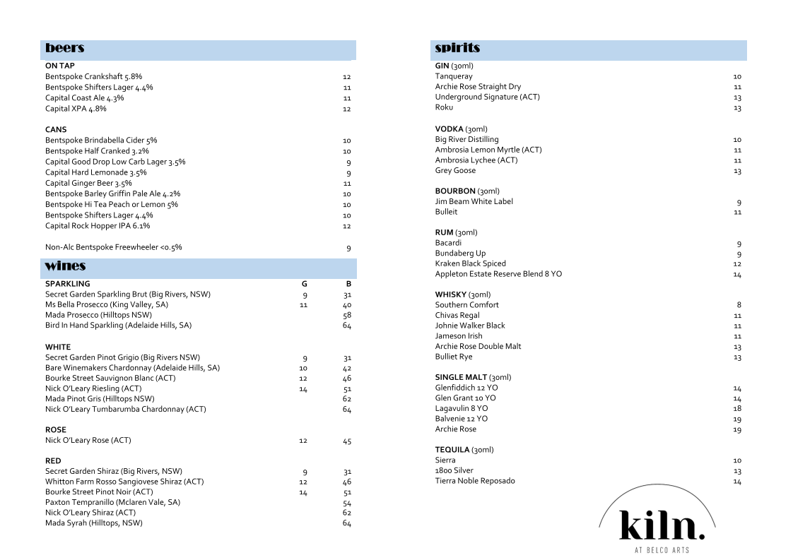 Menu, Kiln at Belco Arts